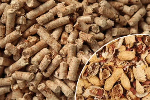Peanut shell biomass fuel pellets made by peanut shell pellet mill for combustion heating